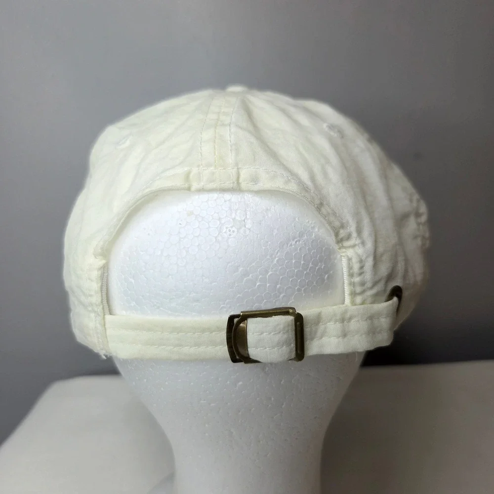 Vintage Polo Ralph Lauren Nylon Strapback Hat Cream Navy Blue 90s Made in Taiwan